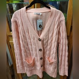 Tarse, NWT Pink Cable Knit Cardigan Sweater w/ two patch pockets.